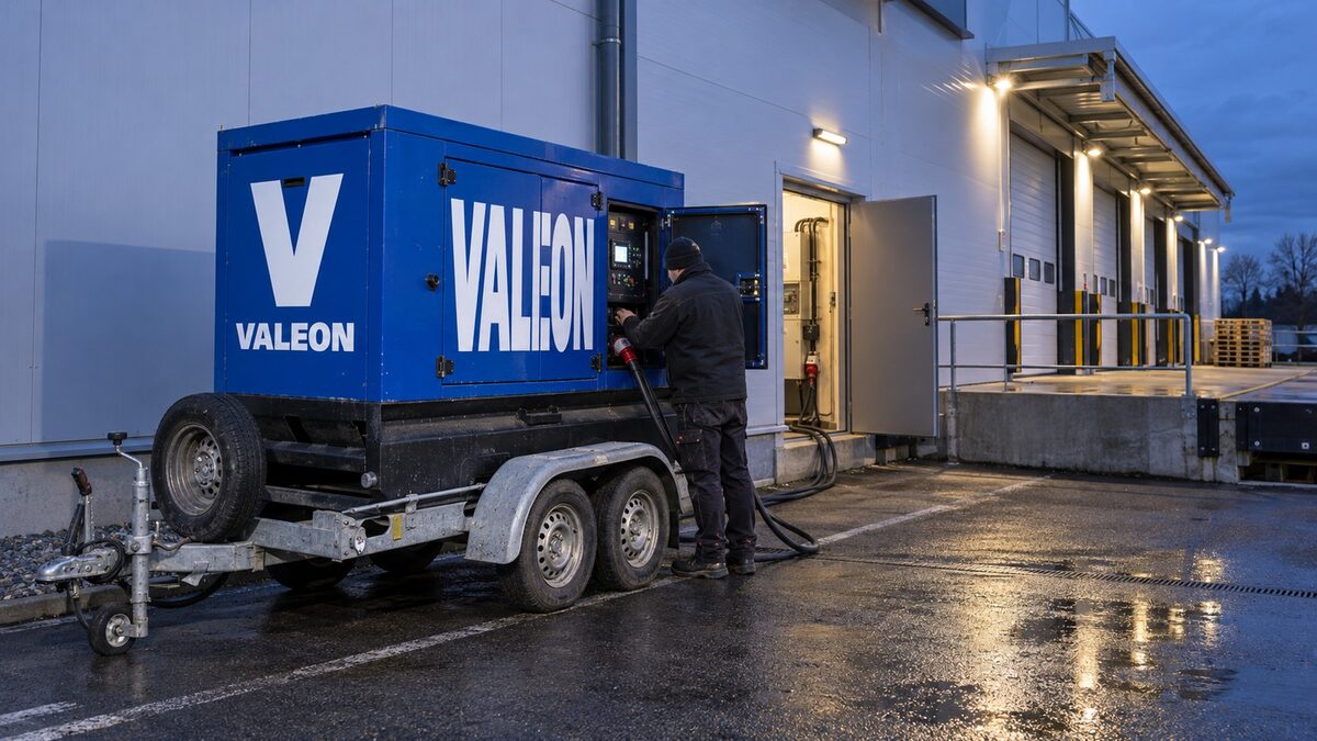 Modrá elektrocentrála Valeon na přívěsu u chladírenského skladu, technik ji večer kontroluje a kabel vede do technické místnosti