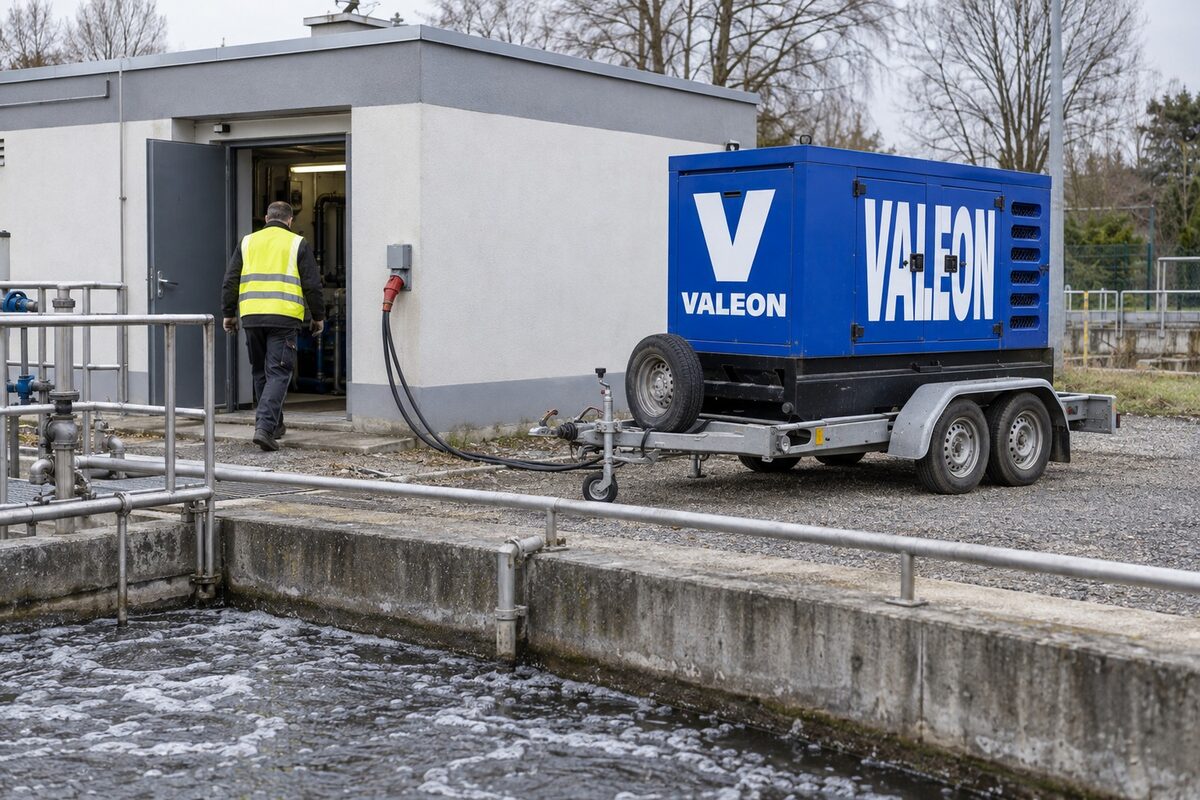 Modrá elektrocentrála Valeon napájí dmychárnu čistírny odpadních vod, v popředí provzdušňovaná aktivační nádrž