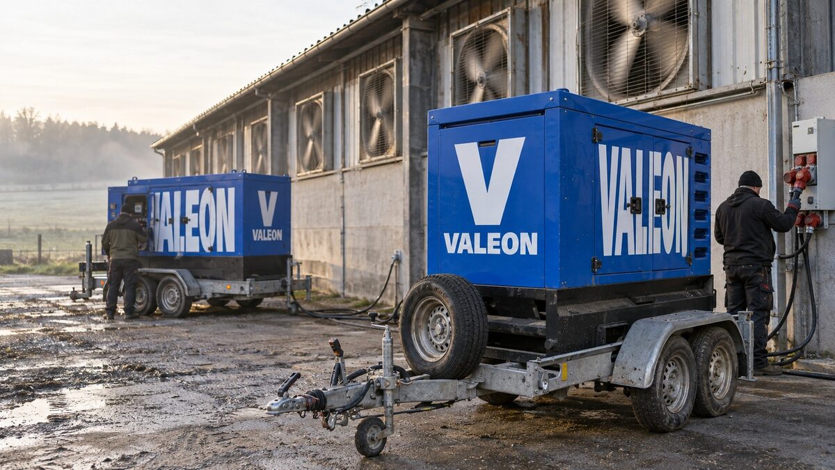 Modrá elektrocentrála Valeon stojí u haly s chovem a napájí ventilátory nuceného větrání