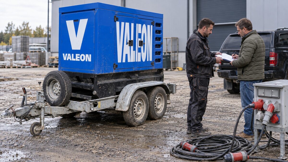 Technik předává zákazníkovi modrou elektrocentrálu Valeon na přívěsu, vedle stroje leží kabely a přenosný rozvaděč