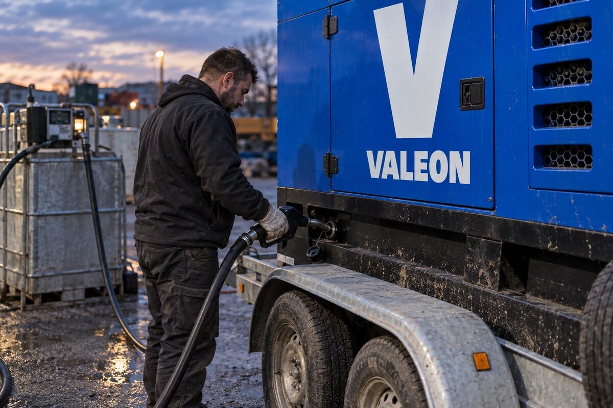 Technik doplňuje naftu do modré elektrocentrály Valeon z přistavené nádrže