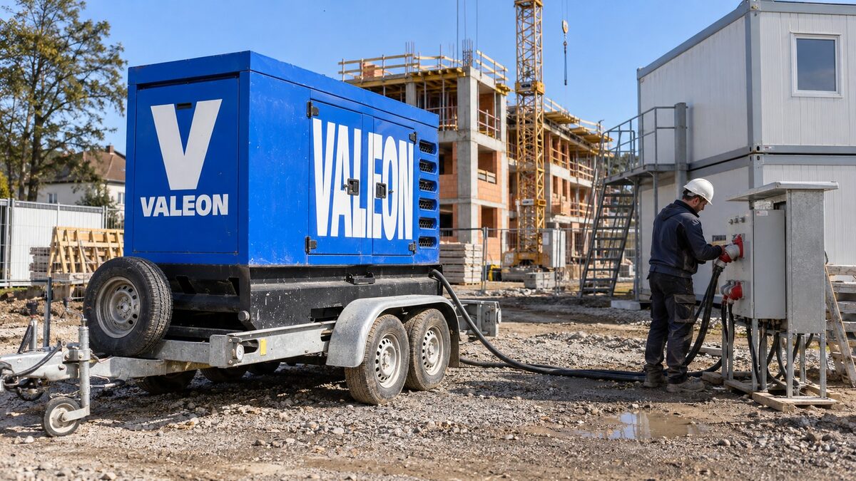 Modrá elektrocentrála Valeon napájí stavbu se samostavitelným jeřábem a stavebními buňkami