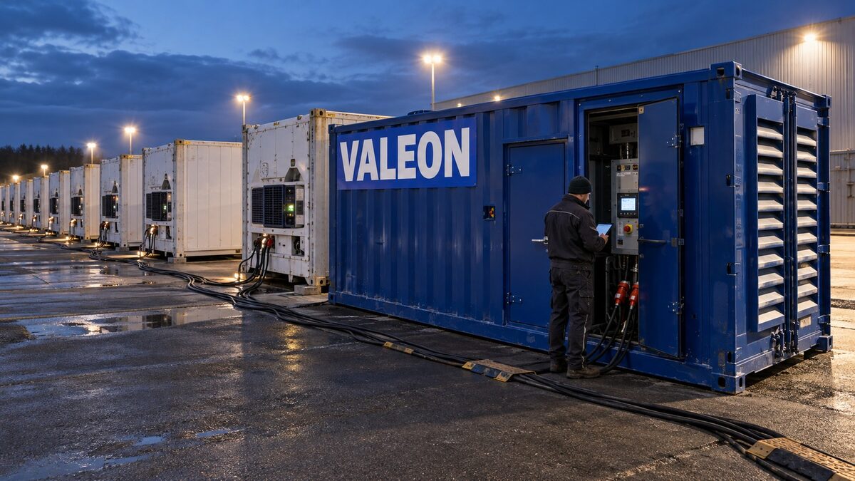 Kontejnerová elektrocentrála Valeon napájí řadu chladicích kontejnerů v logistickém areálu