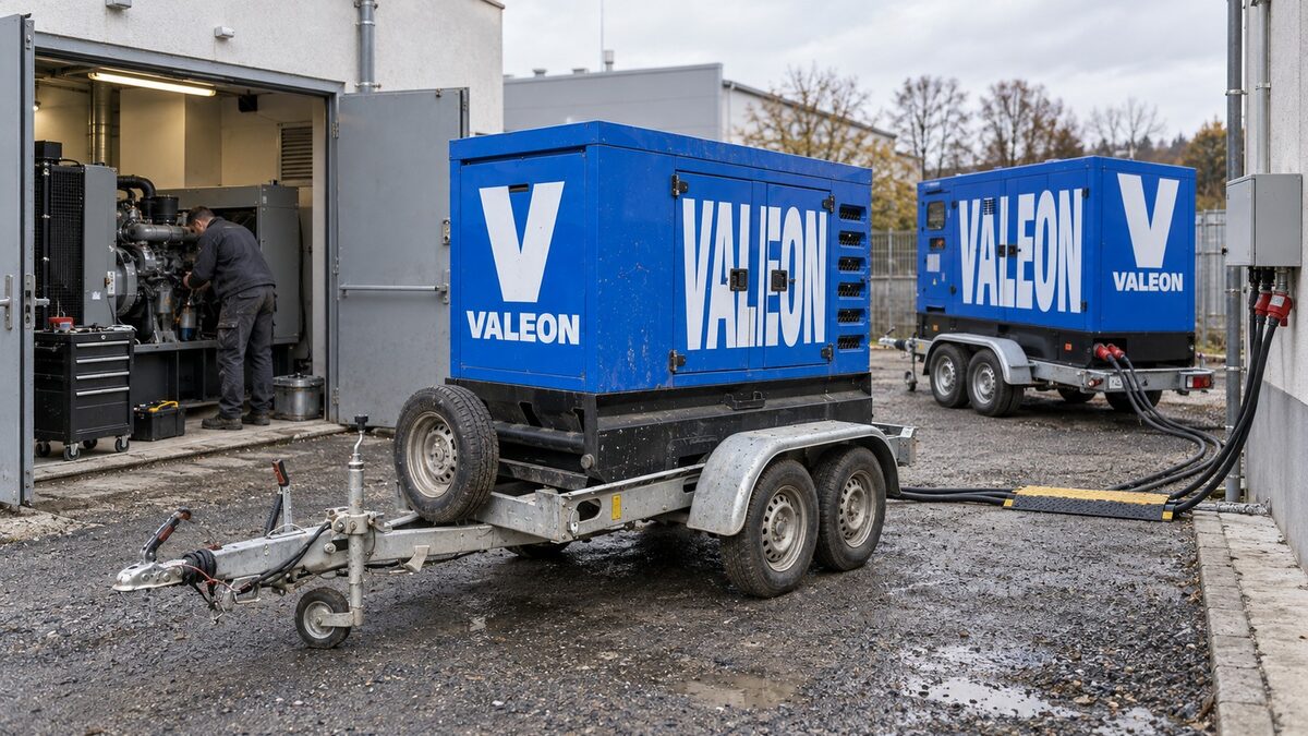 Modrá mobilní elektrocentrála Valeon připojená kabelem k přípojné skříni budovy, zatímco vlastní diesel ve strojovně vedle prochází servisem