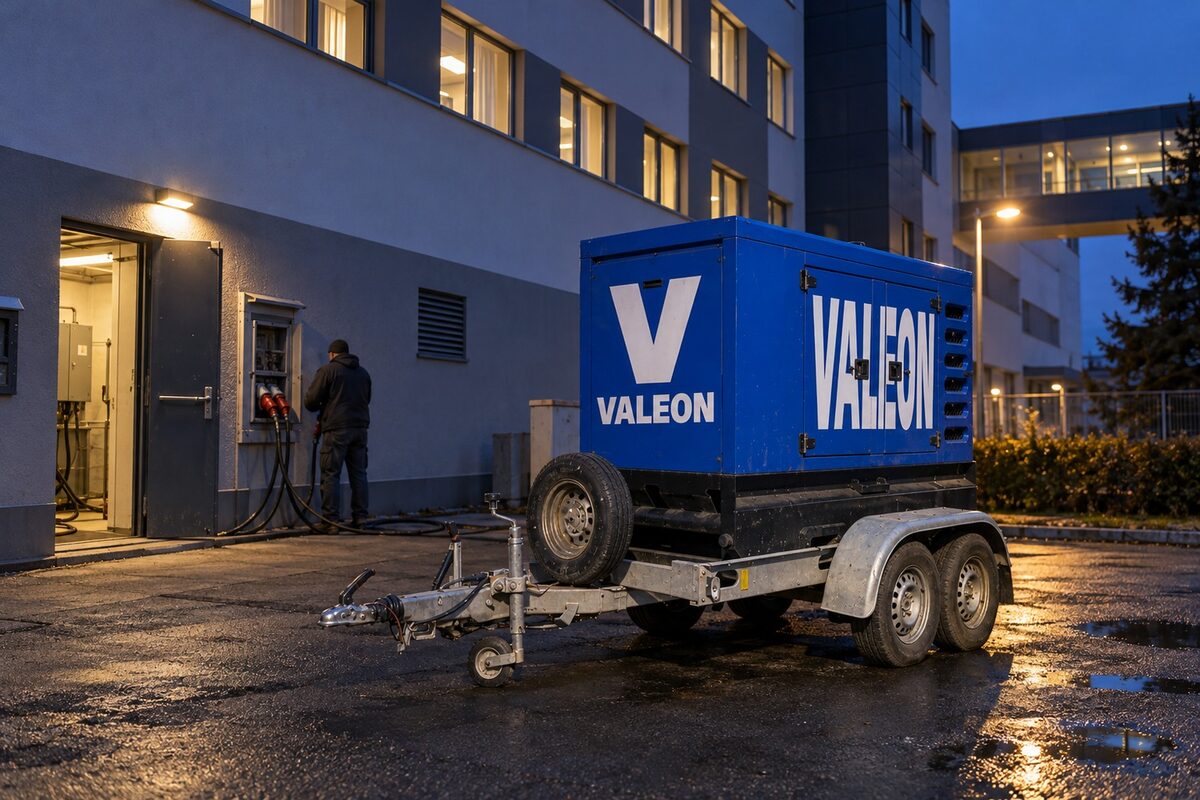 Modrá tichá elektrocentrála Valeon stojí večer na asfaltu u pavilonu s rozsvícenými okny, kabel vede k technickým dveřím