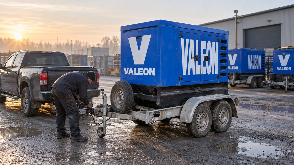 Tahací auto s modrou elektrocentrálou Valeon na přívěsu na dvoře depa
