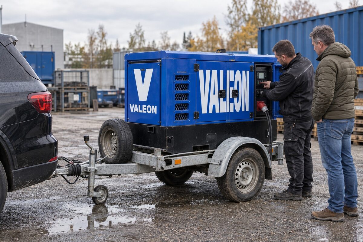 Technik Valeonu vysvětluje zákazníkovi obsluhu elektrocentrály před odvozem na přívěsu