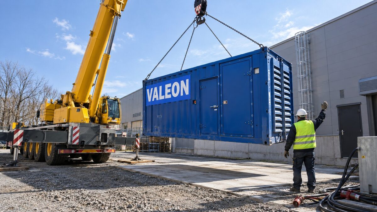 Jeřáb skládá kontejnerovou elektrocentrálu Valeon u výrobní haly