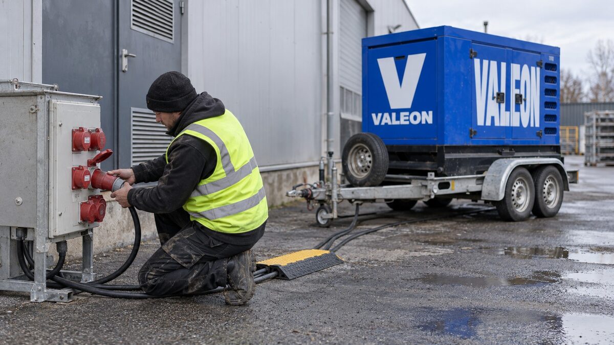 Technik zapojuje kabely do přenosného rozvaděče, kabely vedou přes kabelový přejezd k hale, v pozadí stojí modrá elektrocentrála Valeon