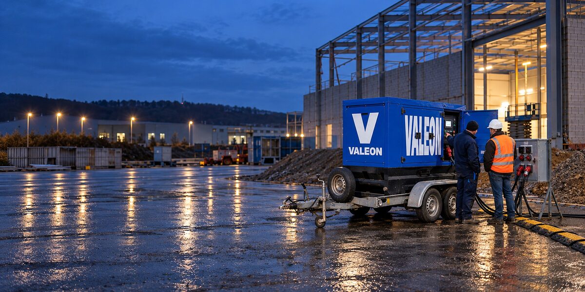 Technik Valeonu za soumraku ukazuje stavbyvedoucímu ovládací panel modré centrály Valeon na přívěsu u rozestavěné haly, kabely vedou přes kabelový přejezd do staveništního rozvaděče