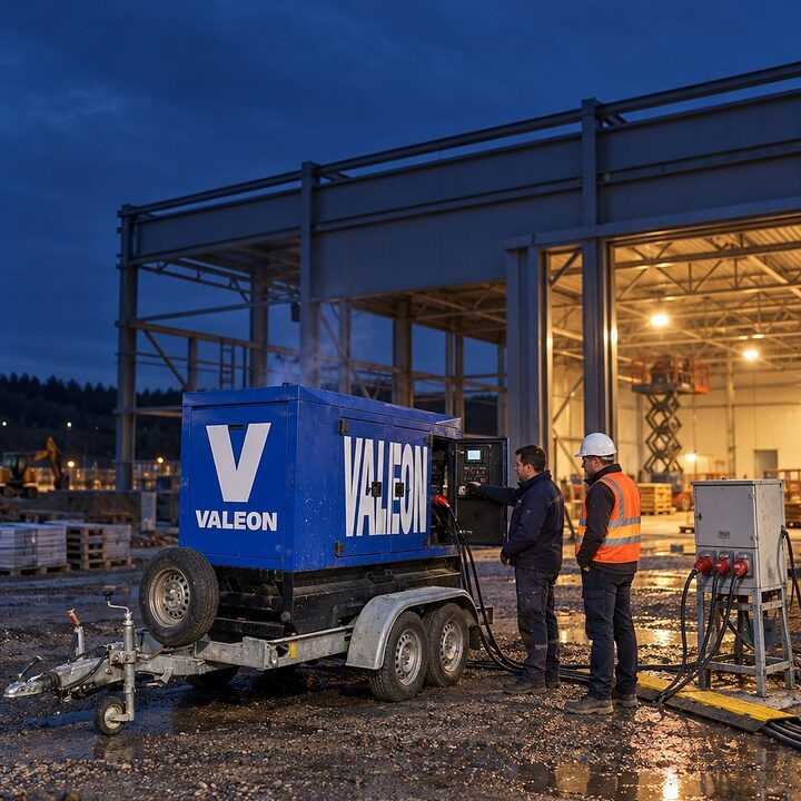 Technik Valeonu za soumraku ukazuje stavbyvedoucímu ovládací panel modré centrály Valeon na přívěsu u rozestavěné haly, kabely vedou přes kabelový přejezd do staveništního rozvaděče