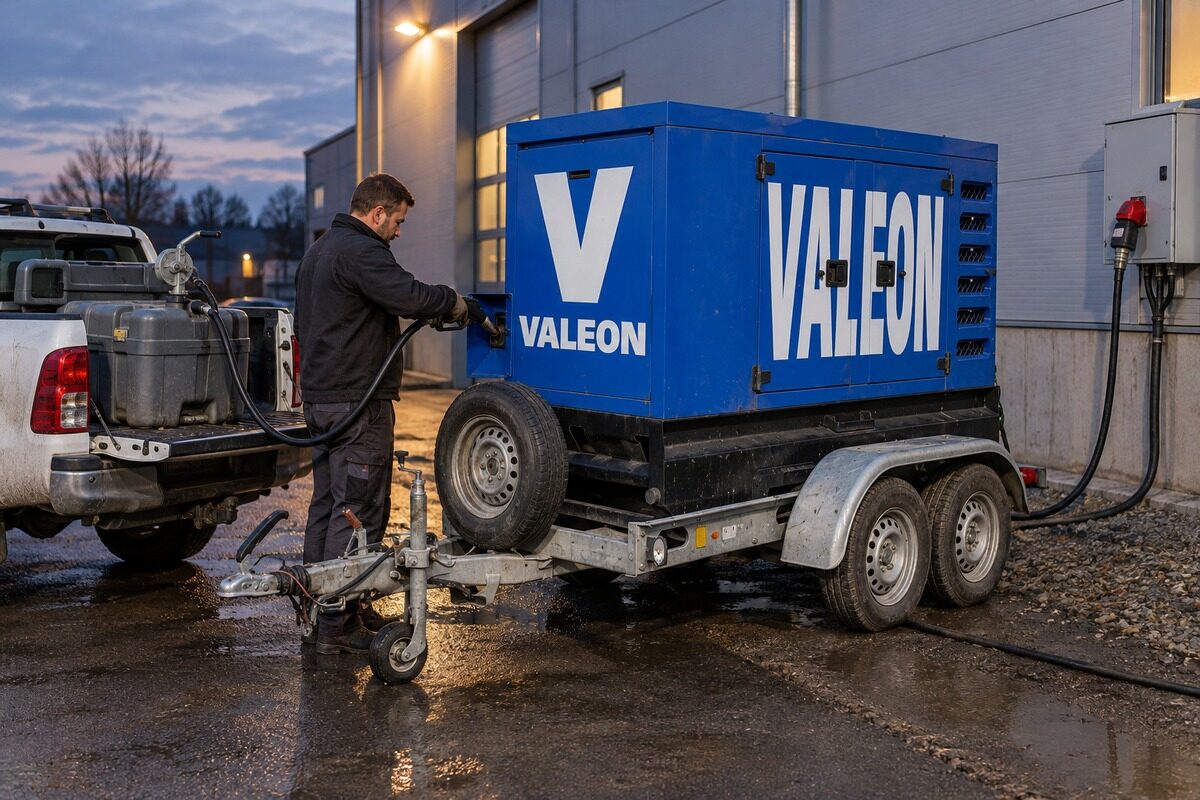 Technik Valeonu doplňuje naftu do centrály Valeon z nádrže na korbě pick-upu, kabel vede do přepínače sítí na fasádě haly
