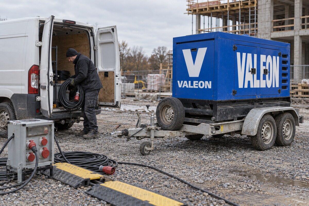 Technik Valeonu vykládá z dodávky cívku kabelu, vedle stojí modrá centrála Valeon na přívěsu, na zemi kabelové přejezdy a rozvaděč