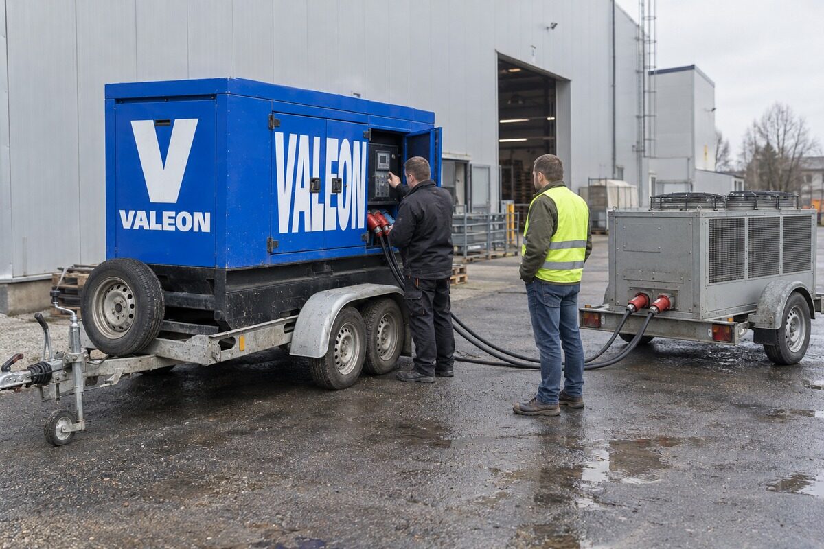 Centrála Valeon propojená silovými kabely s mobilní odporovou zátěží na přívěsu, technik u ovládacího panelu, zákazník přihlíží