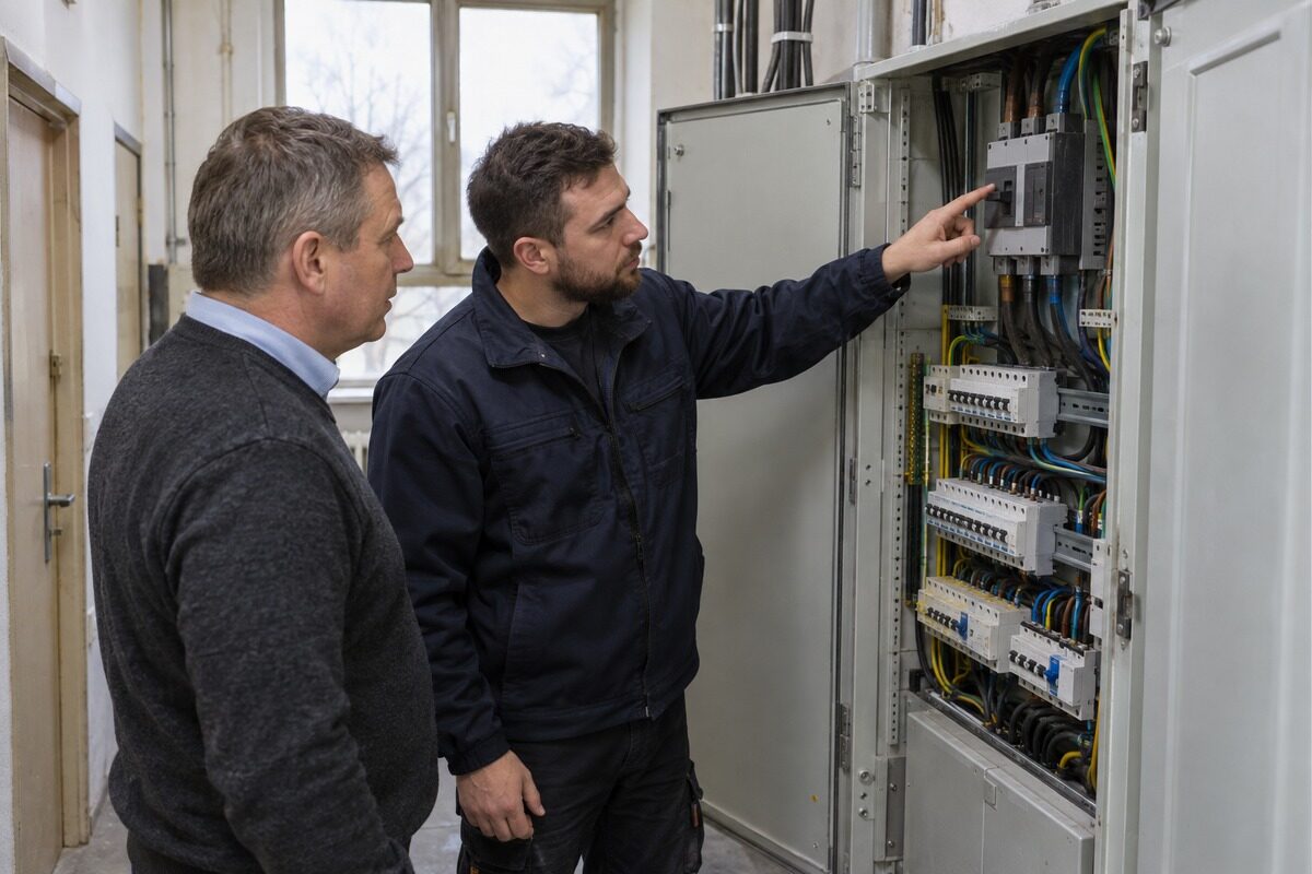 Technik Valeonu ukazuje majiteli firmy hlavní jistič v otevřeném rozvaděči