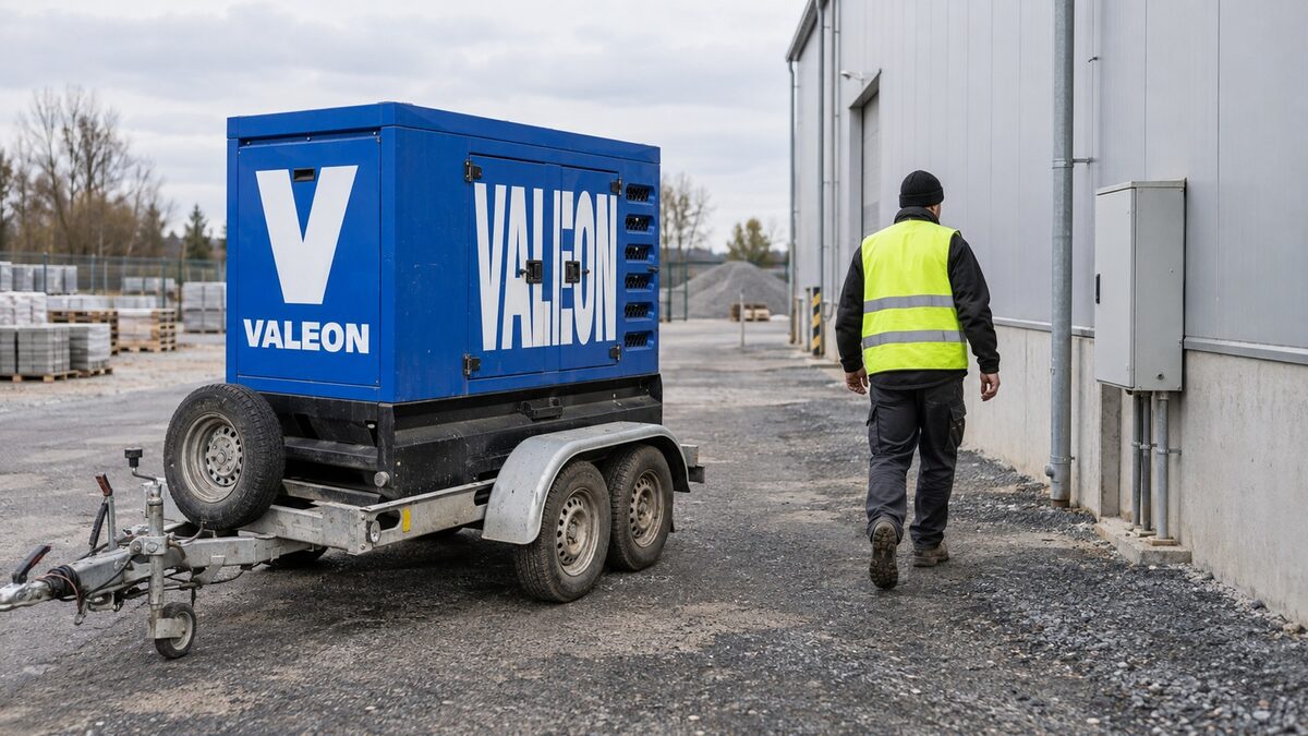 Muž krokuje vzdálenost od modré elektrocentrály Valeon na přívěsu k rozvaděči na zdi haly
