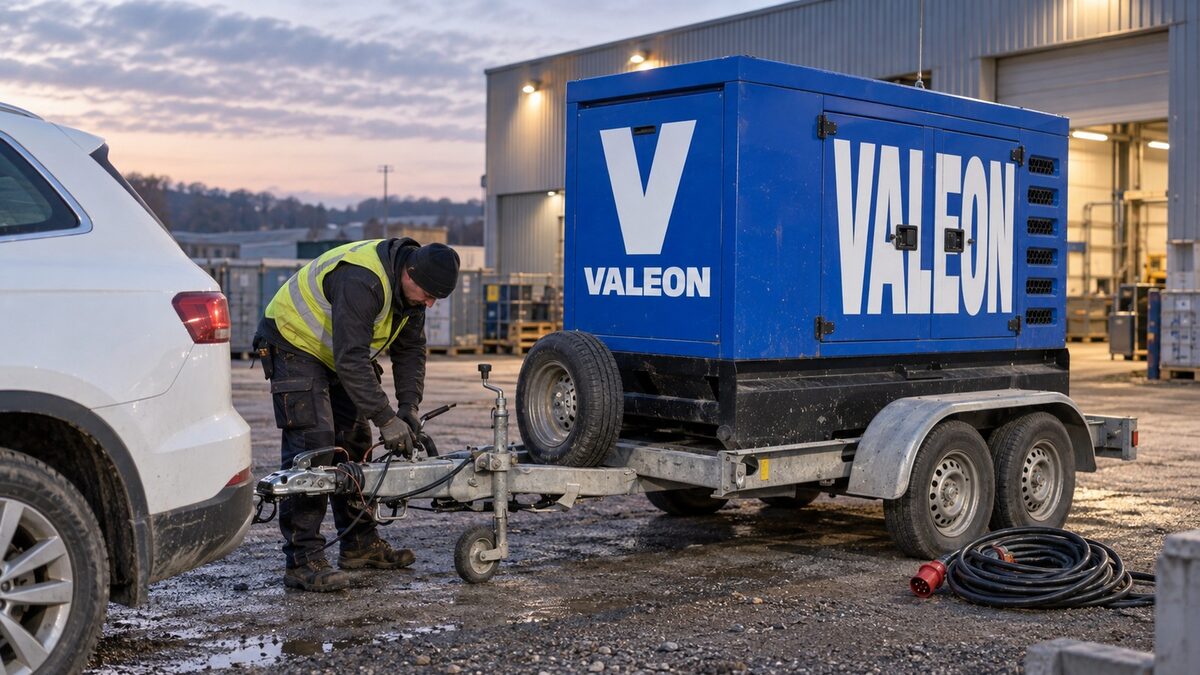 Technik odpojuje modrou elektrocentrálu Valeon na přívěsu od tahacího auta u výrobní haly brzy ráno