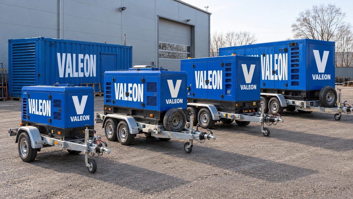Řada modrých mobilních elektrocentrál Valeon na přívěsech od 15 do 275 kVA na ploše depa, vzadu kontejnerová elektrocentrála