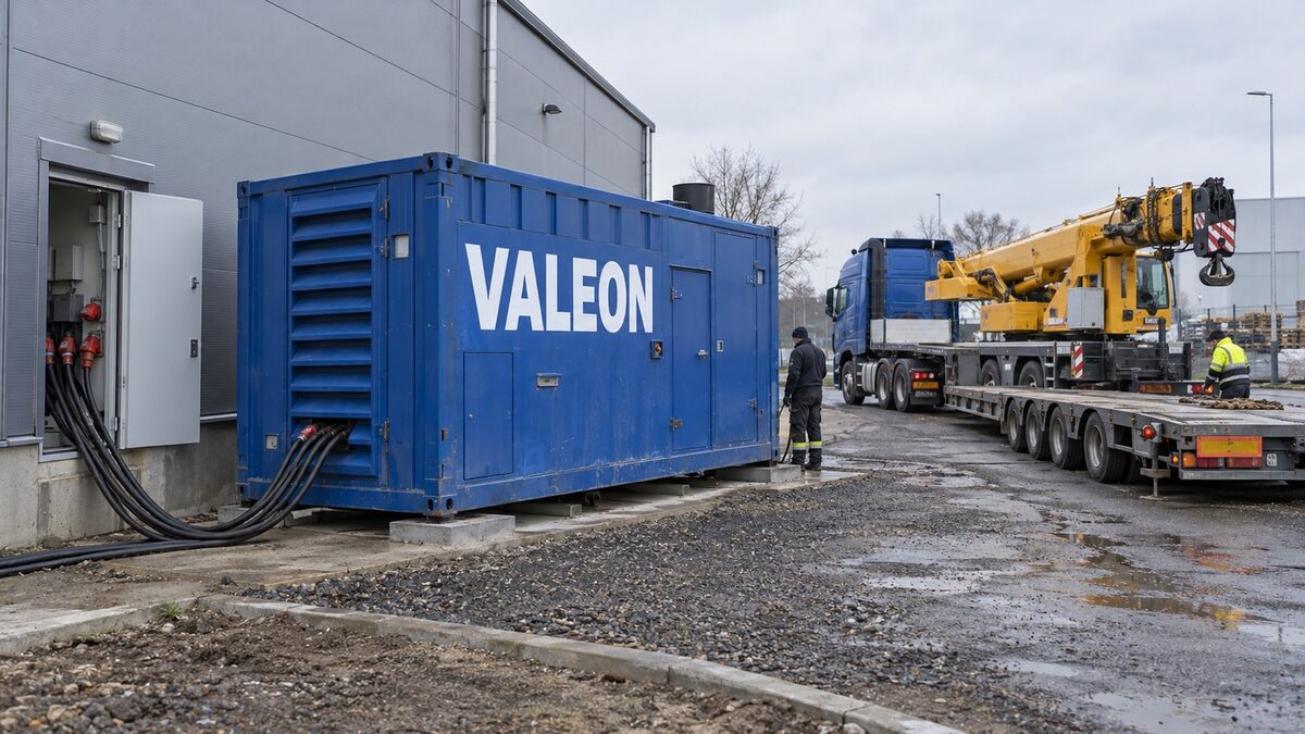 Kontejnerová elektrocentrála Valeon usazená u průmyslové haly, vedle kamion a autojeřáb