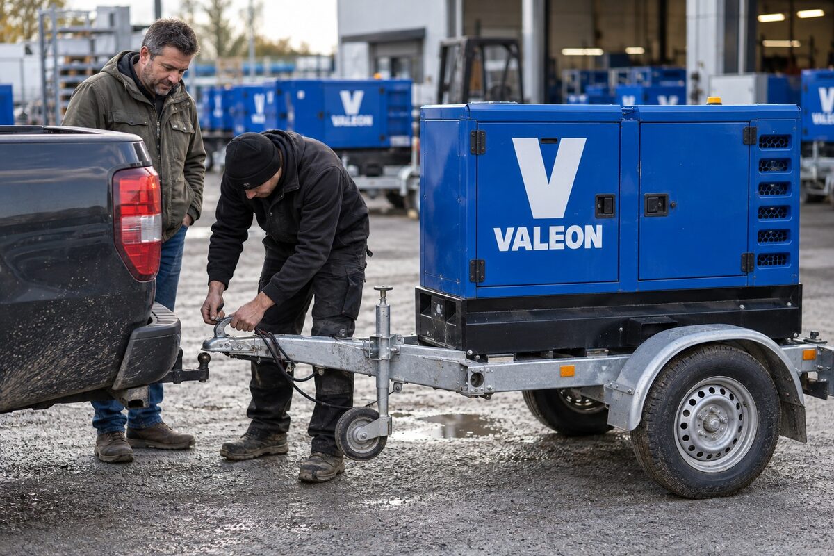 Technik Valeon připojuje elektrocentrálu 15 kVA na přívěsu k tažnému zařízení auta zákazníka v depu
