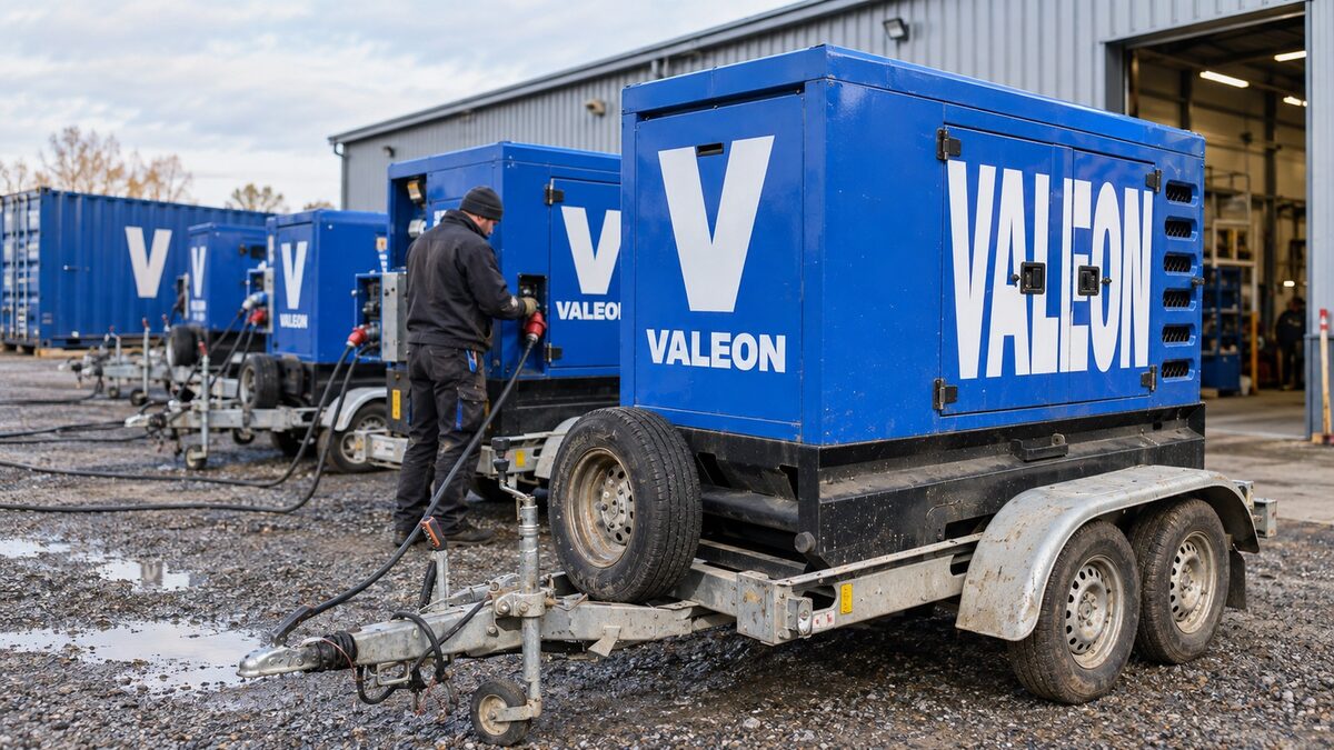 Řada modrých elektrocentrál Valeon na přívěsech v depu, technik kontroluje stroj před výjezdem