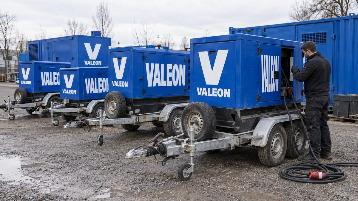 Řada modrých elektrocentrál Valeon různých výkonů na přívěsech v depu, technik kontroluje jeden ze strojů