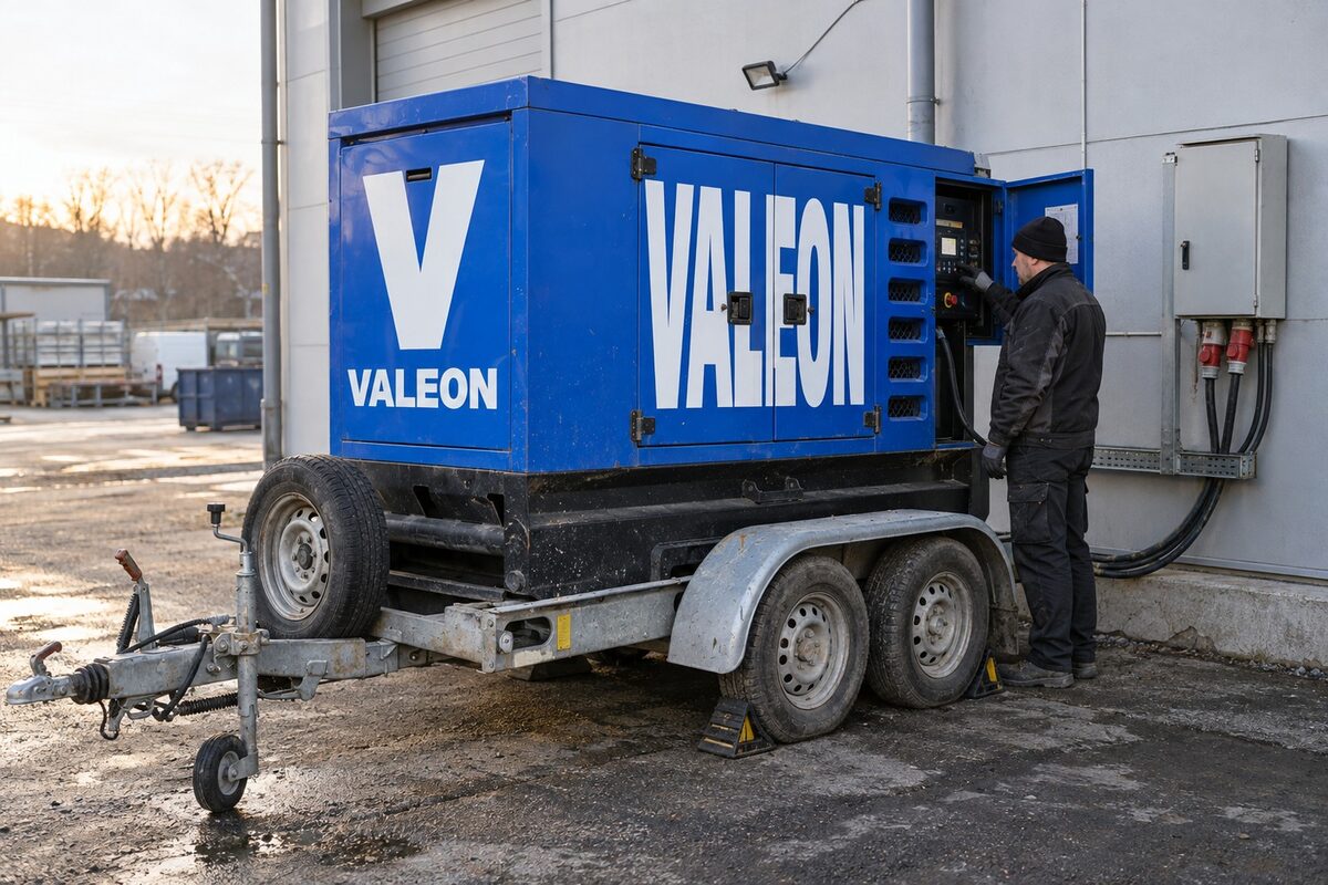 Modrá elektrocentrála Valeon jako záložní zdroj u výrobní haly, technik kontroluje ovládací panel