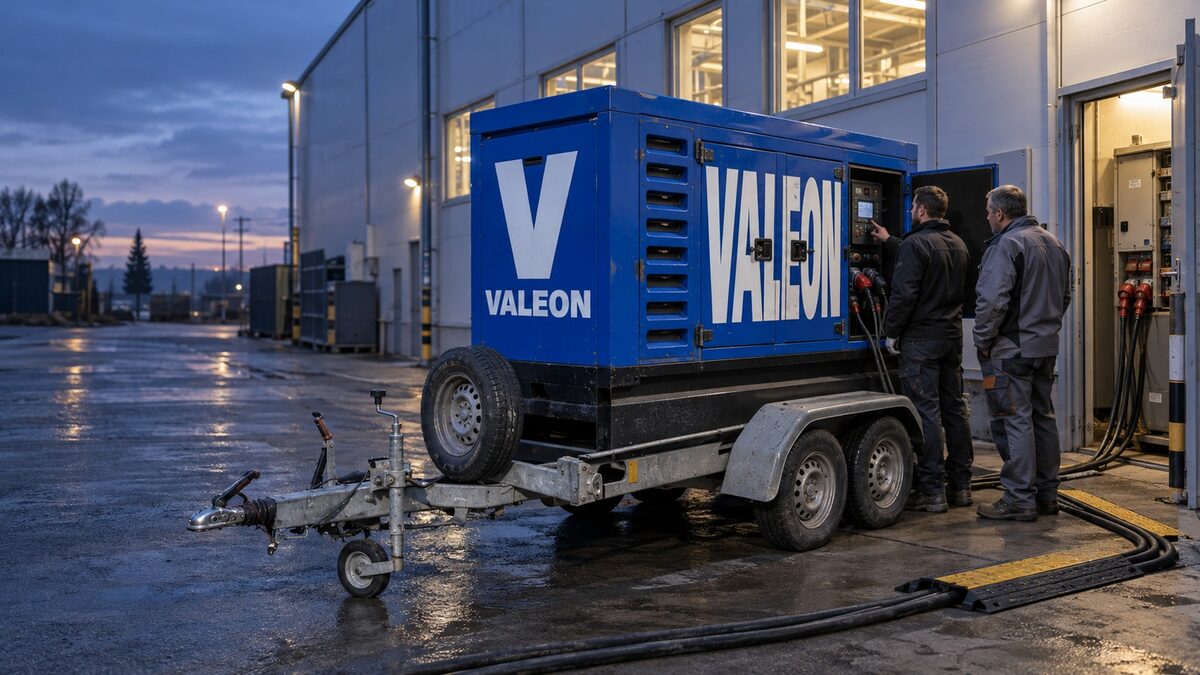 Modrá elektrocentrála Valeon ráno u výrobní haly, kabely vedou přes kabelový přejezd do rozvodny, technik ukazuje údržbáři ovládání