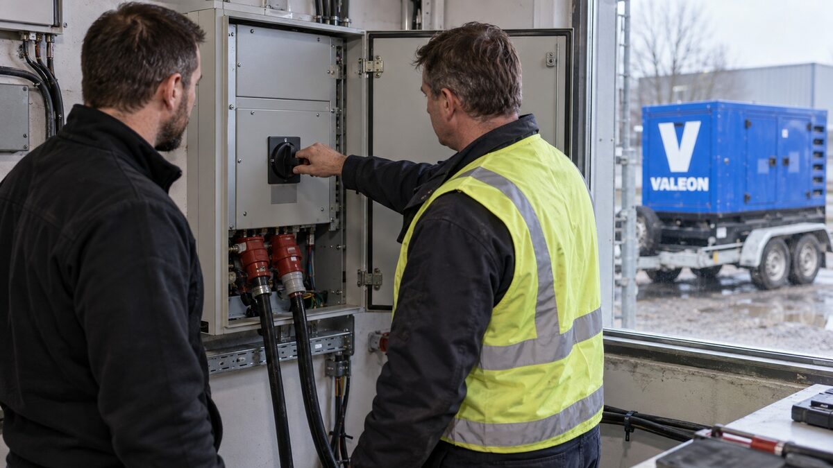 Elektrikář přepíná přepínač sítí v rozvodně firmy, kabely od elektrocentrály vedou do rozvaděče, za oknem stojí centrála Valeon