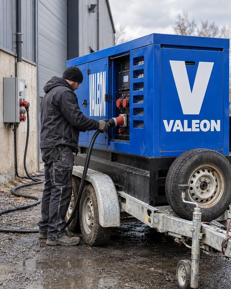 Technik připojuje kabel k modré elektrocentrále Valeon u průmyslové haly