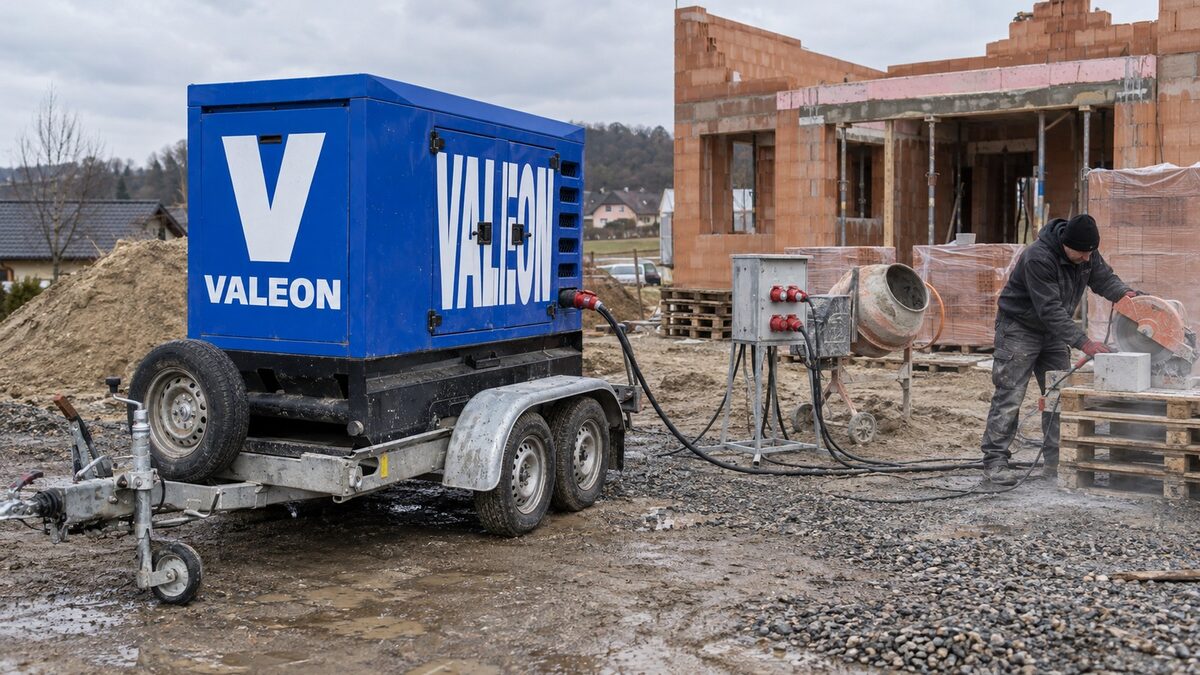 Modrá elektrocentrála Valeon na přívěsu napájí stavební rozvaděč u hrubé stavby rodinného domu
