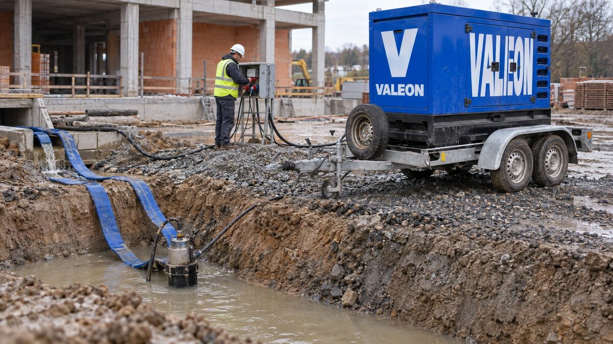 Elektrocentrála Valeon na okraji stavební jámy napájí ponorné kalové čerpadlo