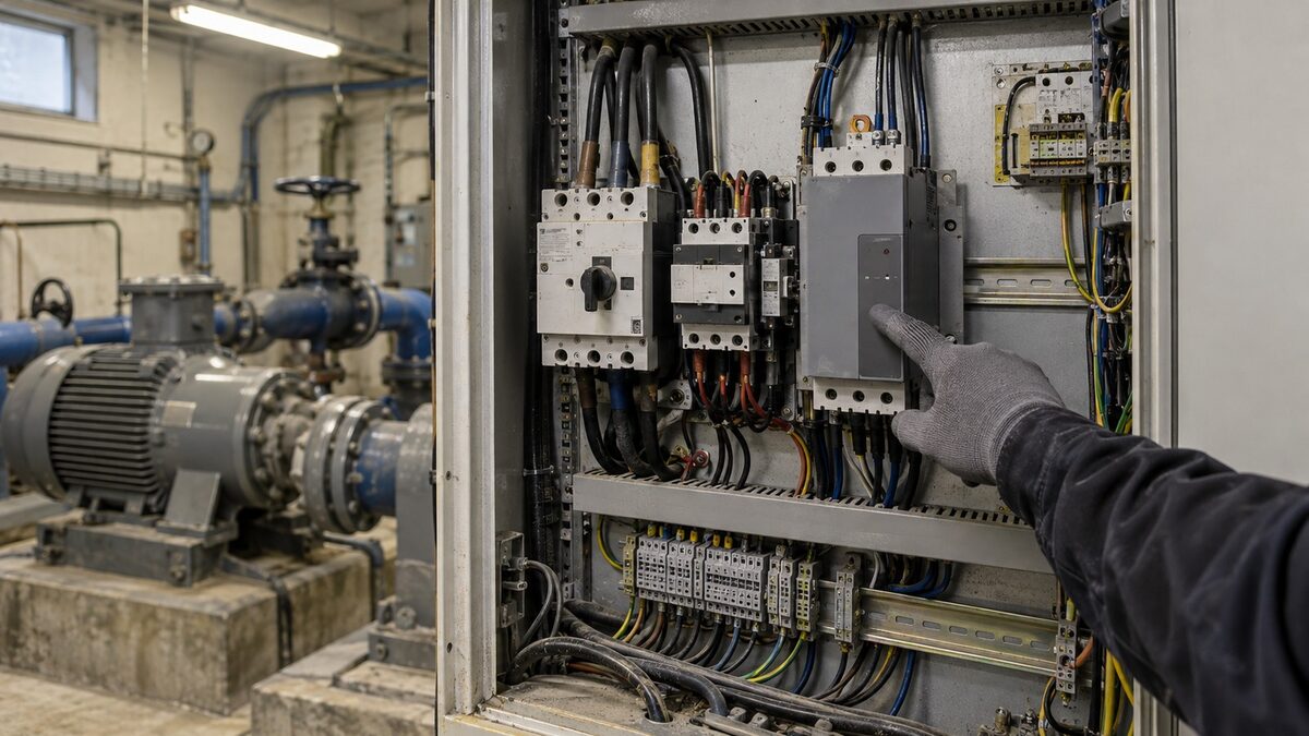 Elektrikář u rozvaděče se stykači a softstartérem, v pozadí motor čerpadla se štítkem