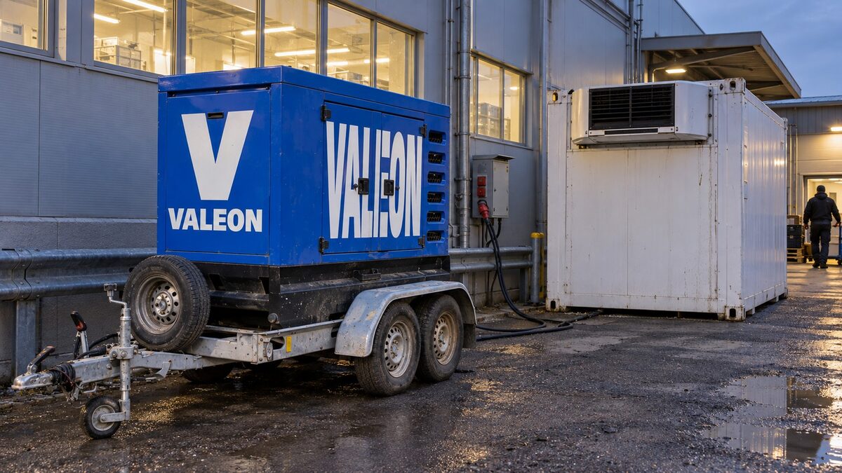 Elektrocentrála Valeon u haly napájí chladicí kontejner s kompresorem