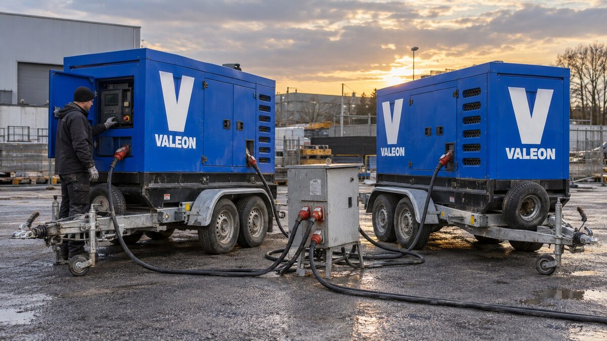 Dvě modré elektrocentrály Valeon na přívěsech v paralelním chodu, technik kontroluje řídicí jednotku