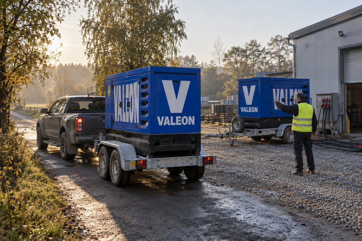Tahací auto přiváží druhou elektrocentrálu Valeon na přívěsu k výrobní hale, první už stojí na místě