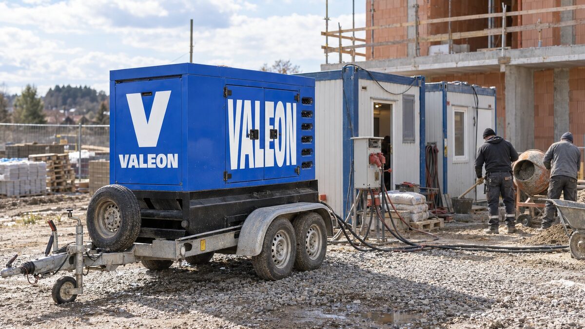 Modrá elektrocentrála Valeon na přívěsu napájí stavební buňky a míchačku na staveništi