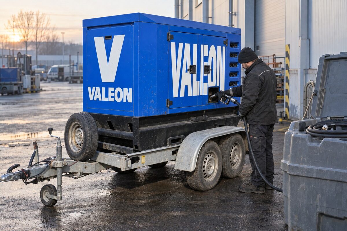 Technik doplňuje naftu z mobilní nádrže do elektrocentrály Valeon v průmyslovém areálu