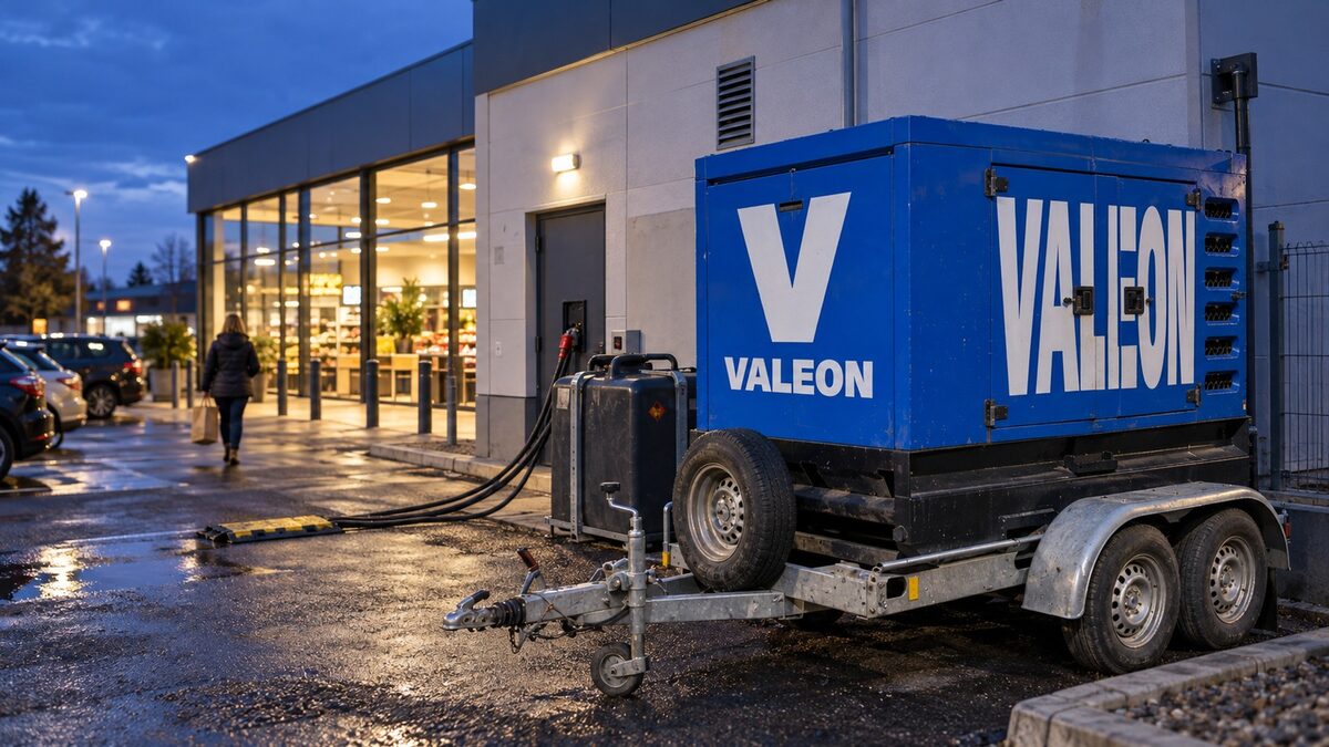 Modrá elektrocentrála Valeon na přívěsu napájí kabelem novou prodejnu, která ještě nemá přípojku