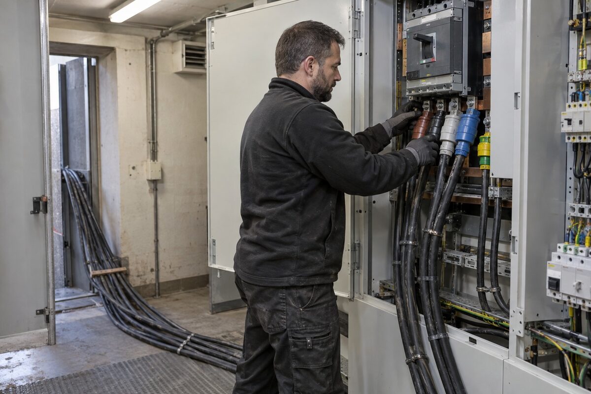 Elektrikář připojuje kabel od elektrocentrály k hlavnímu rozvaděči provozovny