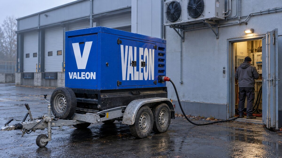 Modrá elektrocentrála Valeon 100 kVA na přívěsu napájí kabelem chladírenský sklad, elektrikář kontroluje rozvaděč