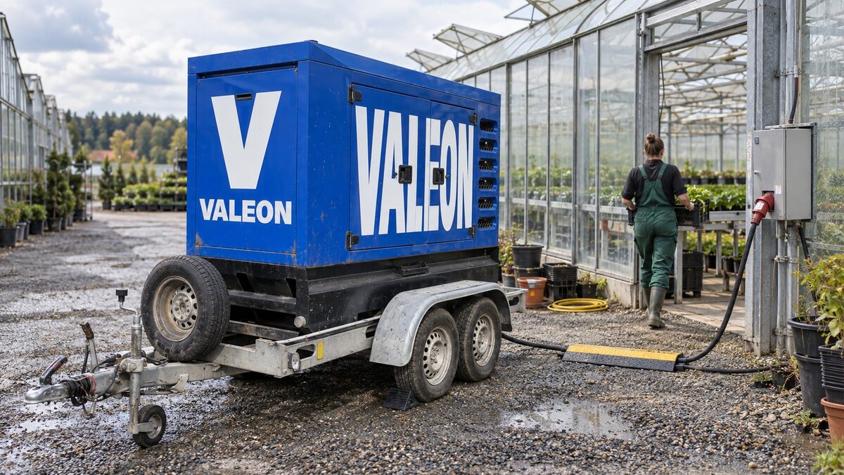 Modrá elektrocentrála Valeon 130 kVA na přívěsu napájí kabelem skleník zahradnictví, u vstupu stojí zahradnice s přepravkou sazenic
