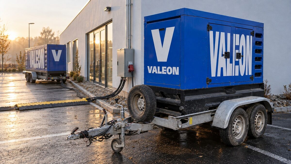 Modrá elektrocentrála Valeon 150 kVA na přívěsu napájí kabelem novou provozovnu bez přípojky