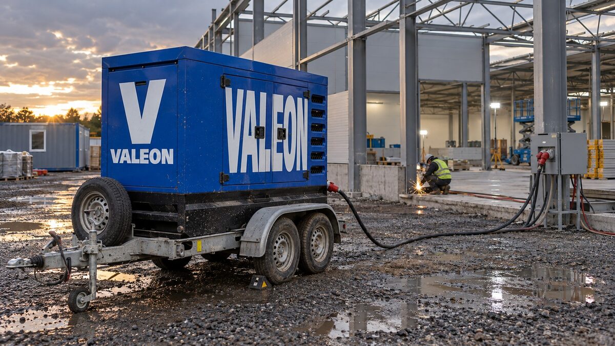 Modrá elektrocentrála Valeon 170 kVA na přívěsu napájí kabelem montáž ocelové skladové haly