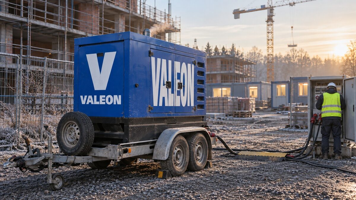 Modrá elektrocentrála Valeon 200 kVA na přívěsu napájí ráno stavbu bytového domu s věžovým jeřábem