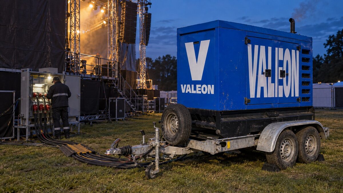 Modrá elektrocentrála Valeon 220 kVA na přívěsu stojí večer za velkým venkovním pódiem a kabely napájí rozvaděč koncertu