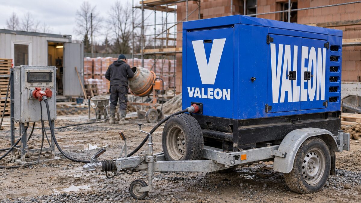 Modrá elektrocentrála Valeon 40 kVA na přívěsu napájí kabelem staveništní rozvaděč, míchačku a stavební buňku