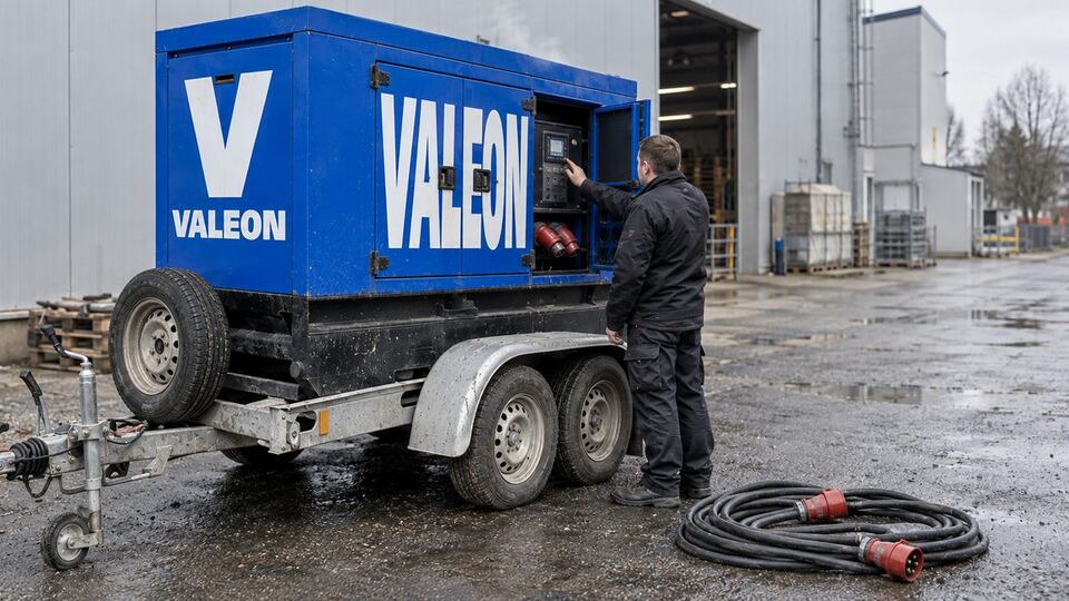 Technik nastartuje modrou elektrocentrálu Valeon, připojí k ní kabely mobilní odporové zátěže a stroj běží pod plnou zátěží, potom elektrocentrála Valeon večer napájí pódium koncertu